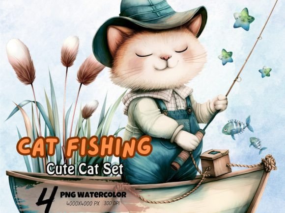 Download Watercolor Cute Cat Fishing Clipart - Cat Collection